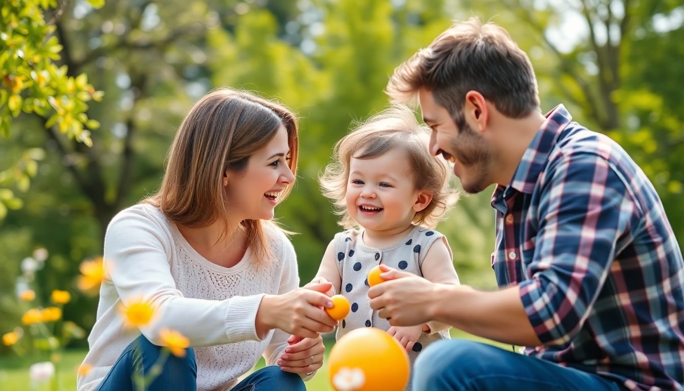 Kindererziehung durch gemeinsames Spiel: Eltern interagieren liebevoll mit ihrem Kind im Freien.
