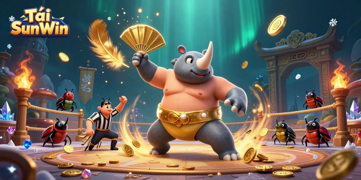 Tải SunWin engages players with a dynamic scene featuring a rhinoceros beetle champion and a cricket referee, set in an exhilarating betting arena.