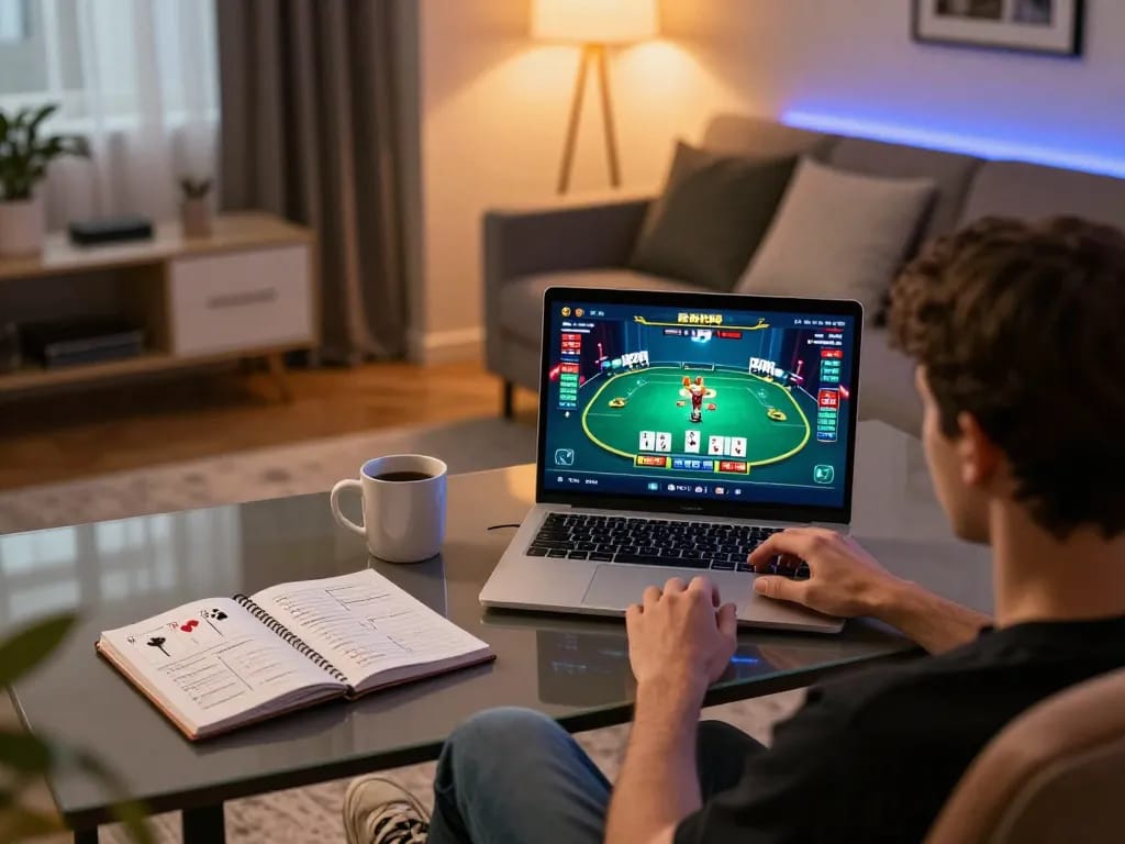 Player engaging with PH22 poker game on a laptop in a stylish home office setting