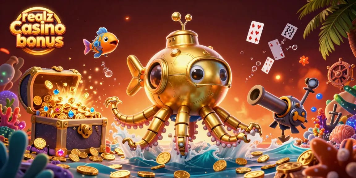 Erlebe den realz casino bonus mit einem goldenen Kraken und bunten Meerestieren.