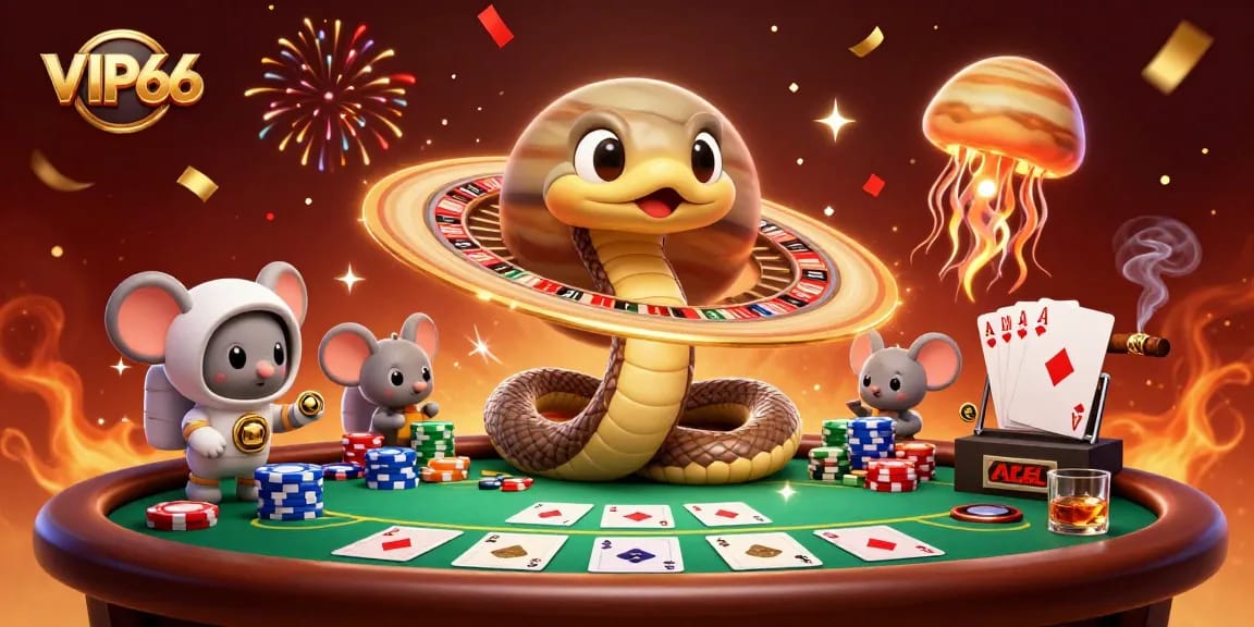 Engaging VIP66 online gambling scene with a casino snake and astronaut mice placing bets.