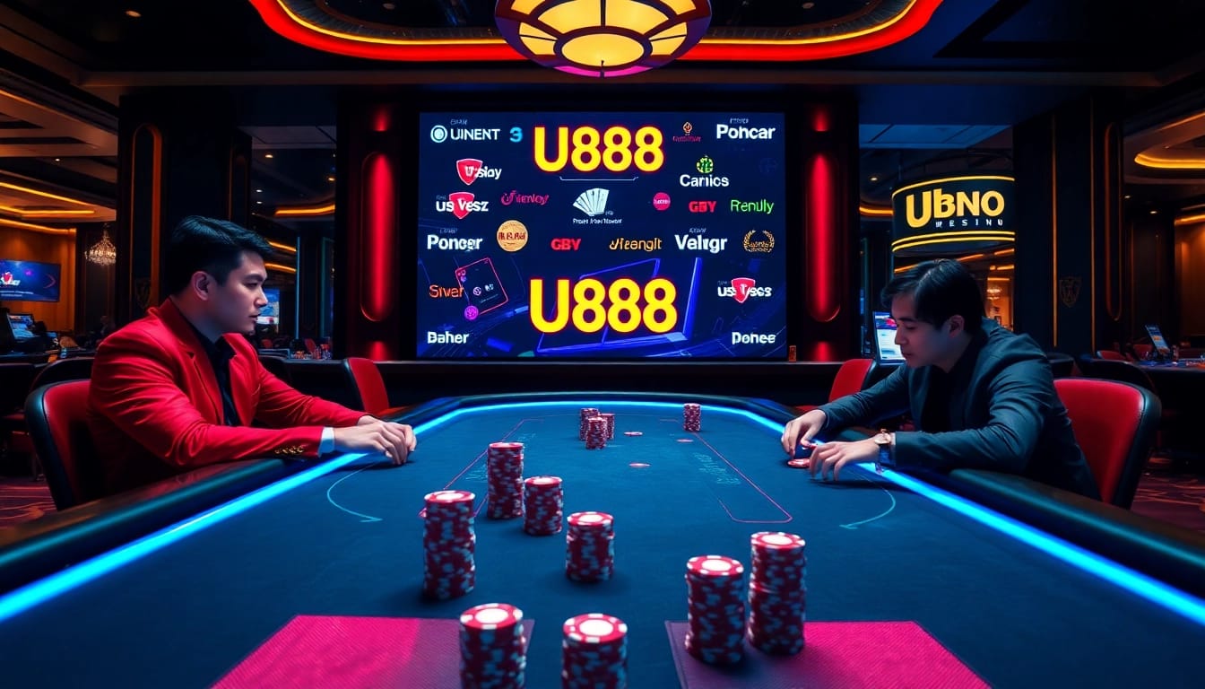Engaging scene of U888 online casino with poker players, chips, and vibrant table ambiance.