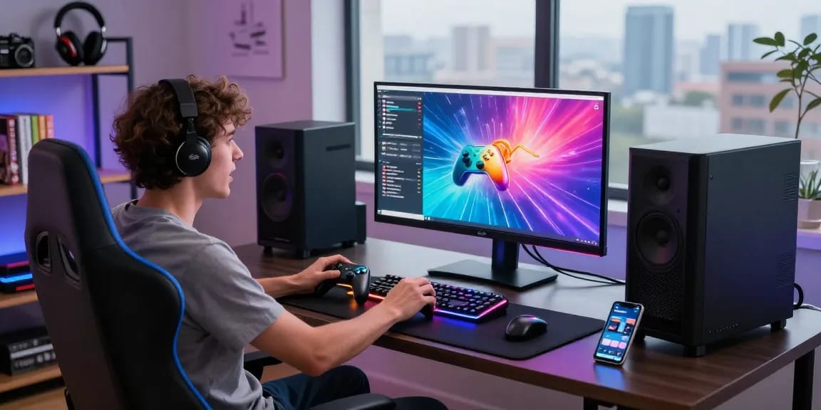 Person performing a PC Controller Test, showcasing a vibrant gaming setup with monitors and accessories.