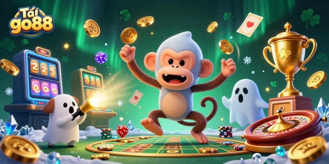 Play and win with Tải go88, where a mischievous monkey juggles casino treasures in a thrilling scene.