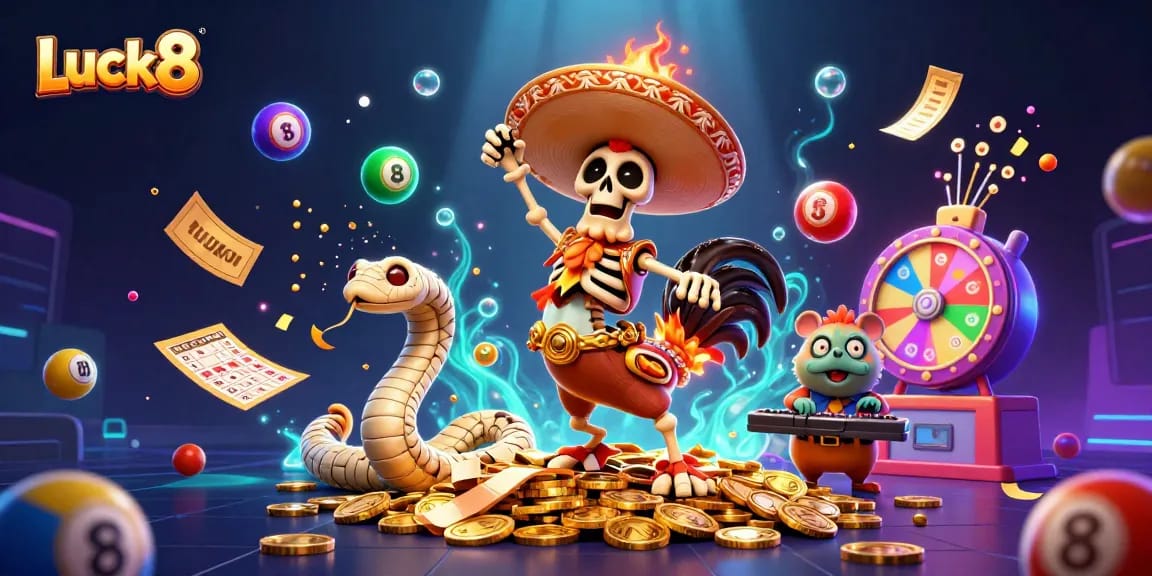 Luck8 offers an exciting experience with vibrant characters and casino elements celebrating winnings.