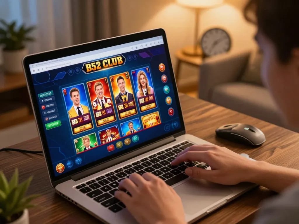 The engaging B52 club online gaming experience displayed on a laptop showcasing poker, slots, and table games.