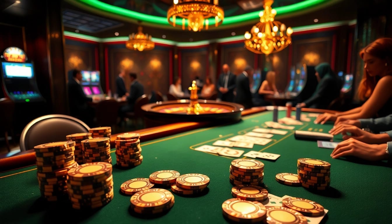 Players engaging in high-stakes poker with b52-themed chips in a luxurious casino setting.