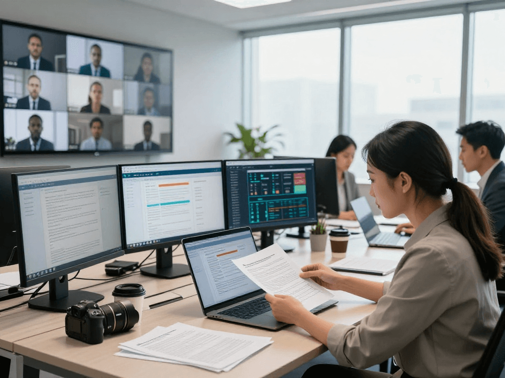 Experts analyzing document fraud detection in a modern office setting.