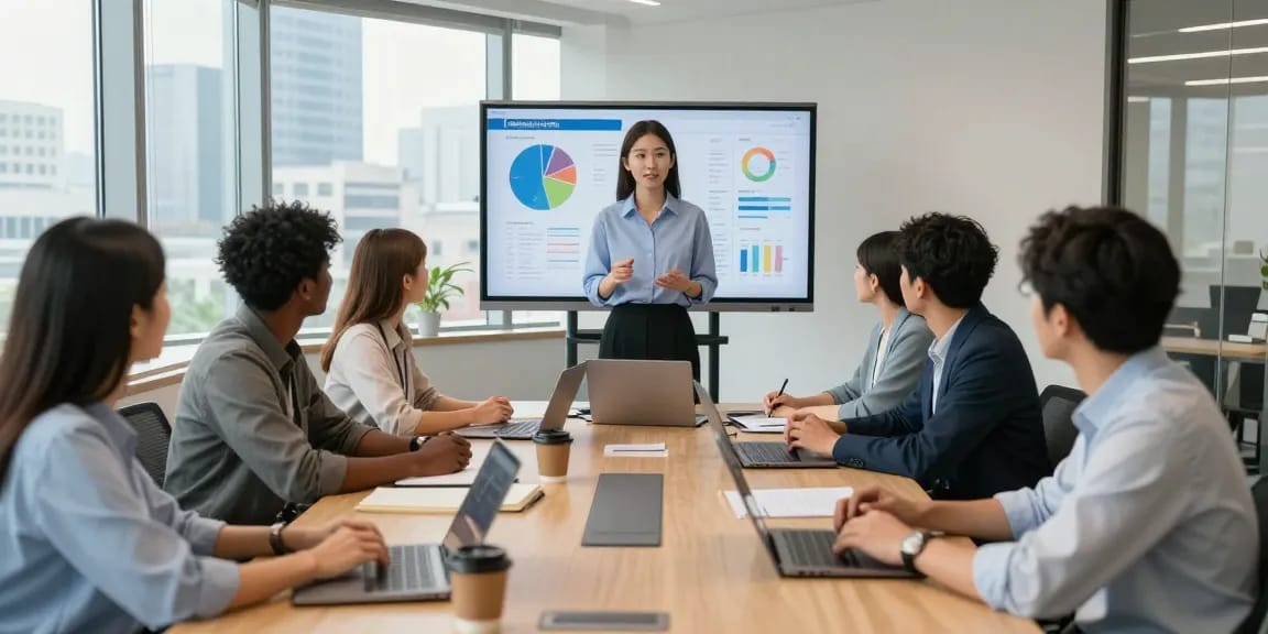 Führungskraft bewerten während einer Besprechung in modernem Büro, Team in Diskussion zur Evaluation.