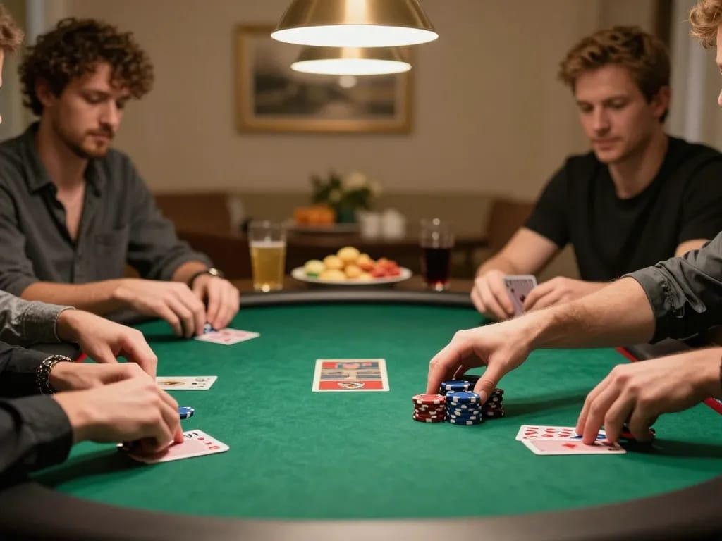 Spieler, die in ein spannendes Pokerspiel zu Hause vertieft sind, wobei Immobilienmakler Frankfurt Preungesheim als wichtige Gemeinschaftsressource hervorgehoben wird.