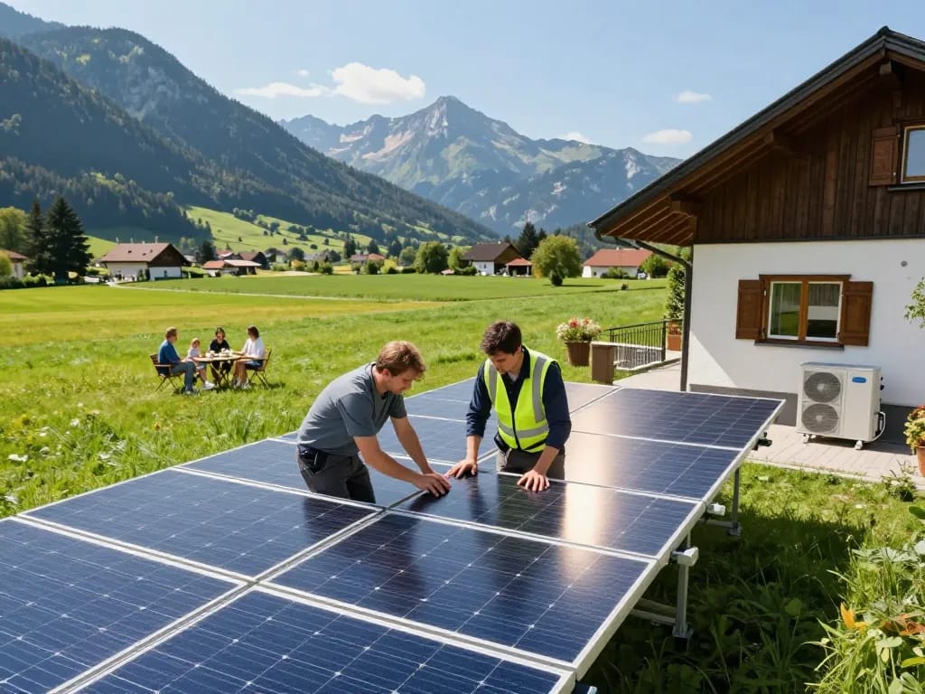 Photovoltaik Bayern Installation in einer malerischen bayerischen Landschaft mit Techniker, der Solarpanele inspiziert.