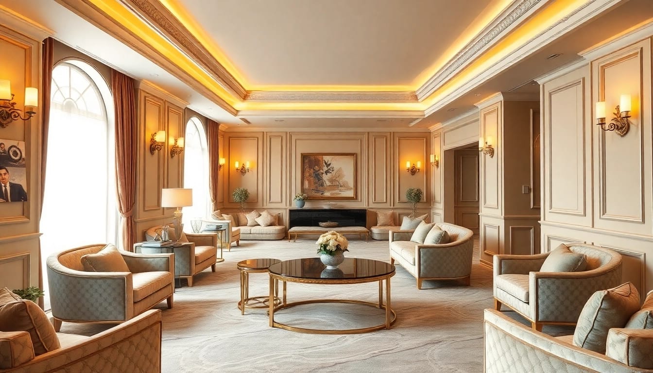 Luxury interior design showcasing elegant furnishings and soft lighting for a sophisticated atmosphere.