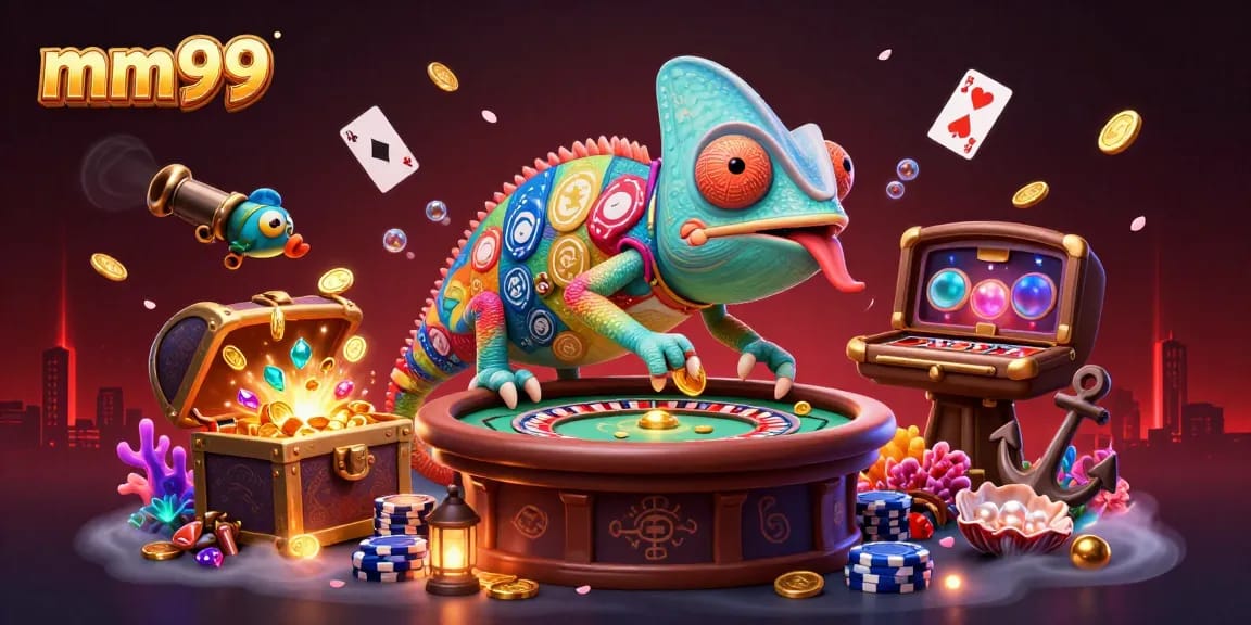 Engage in exciting gameplay at mm99, featuring a vibrant chameleon casino owner amidst dynamic elements.