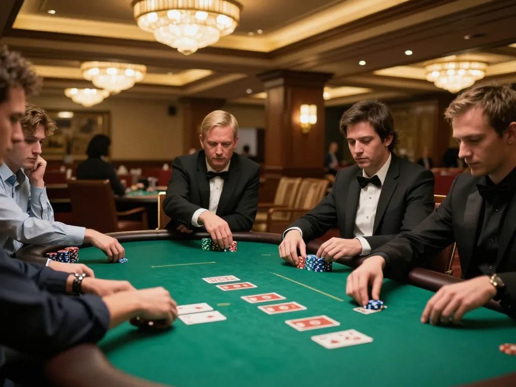 Players strategizing and placing bets at a poker table at MB66 Casino