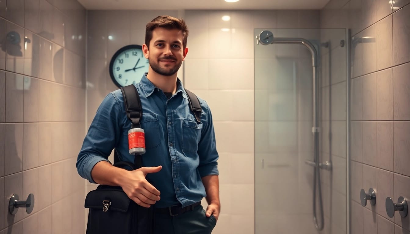 Professioneller Klempner bei der Arbeit im Sanitär Notdienst in der Nacht, der schnell Hilfe leistet.