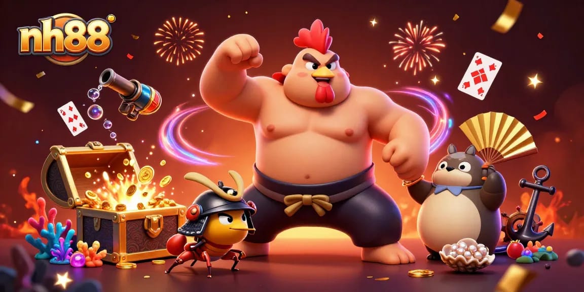 nh88 showcases lively 3D characters with casino-themed treasures in this dynamic gambling illustration