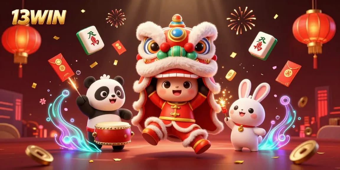 Engage in the festive atmosphere at 13WIN with lively characters and vibrant casino elements.