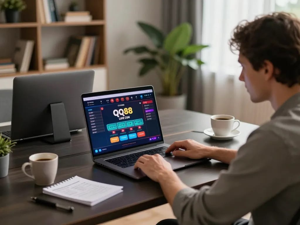Playing live dealer games on QQ88 COM in a cozy home gaming setup