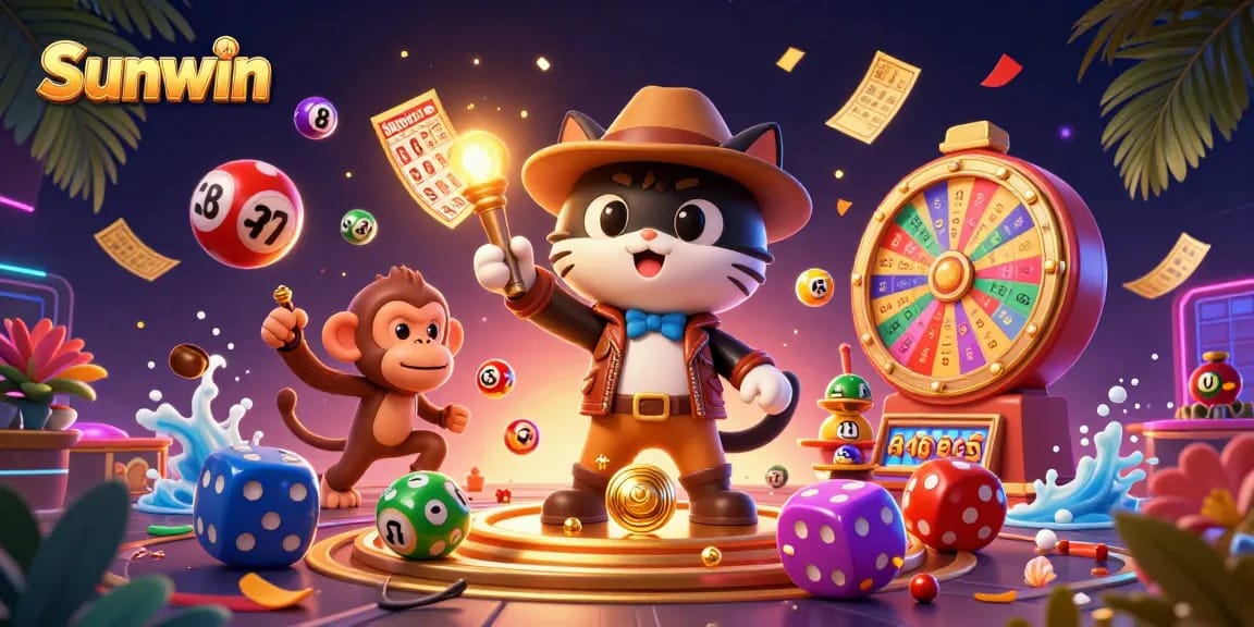 Engage with Sunwin's thrilling gaming adventure as an explorer cat uncovers a golden casino artifact amidst vibrant casino elements.