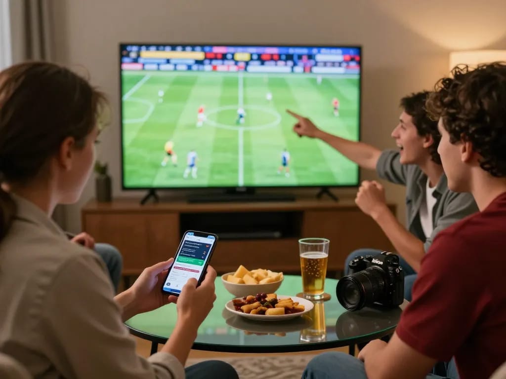 Friends cheering for their team while placing bets on ca khia betting app during an exciting live match.
