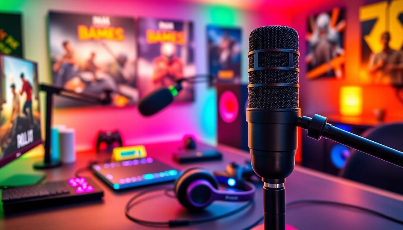 Gaming Podcast recording setup with vibrant lighting and modern equipment.