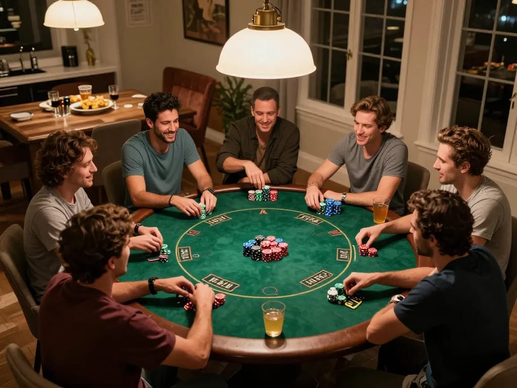 Hit club friends enjoy an exciting home poker night with colorful chips and lively atmosphere.