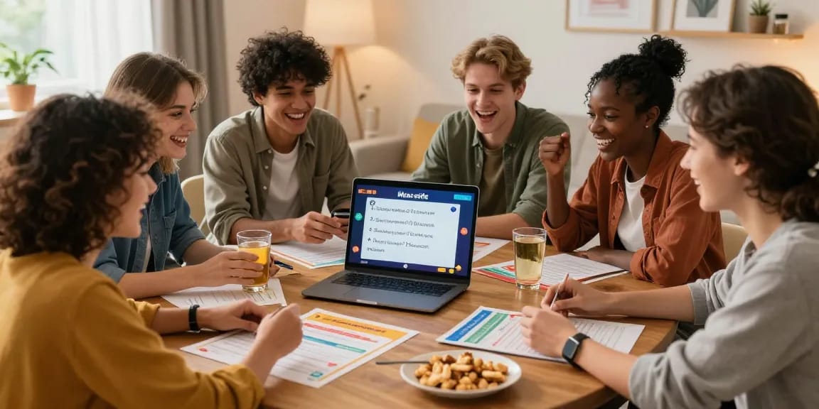 Friends engaging in an interactive Quiz Allgemeinwissen session in a cozy living room.