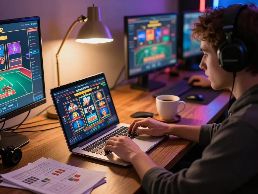 KJC player enjoying online casino games on laptop in a cozy home setup