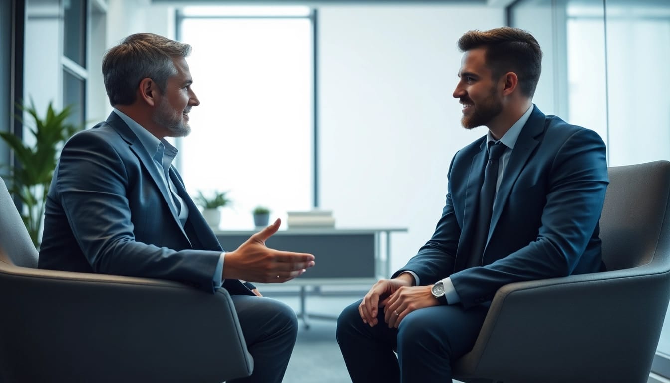Headhunter im Gespräch mit einem Kandidaten in einem modernen, vertrauensvollen Büro.