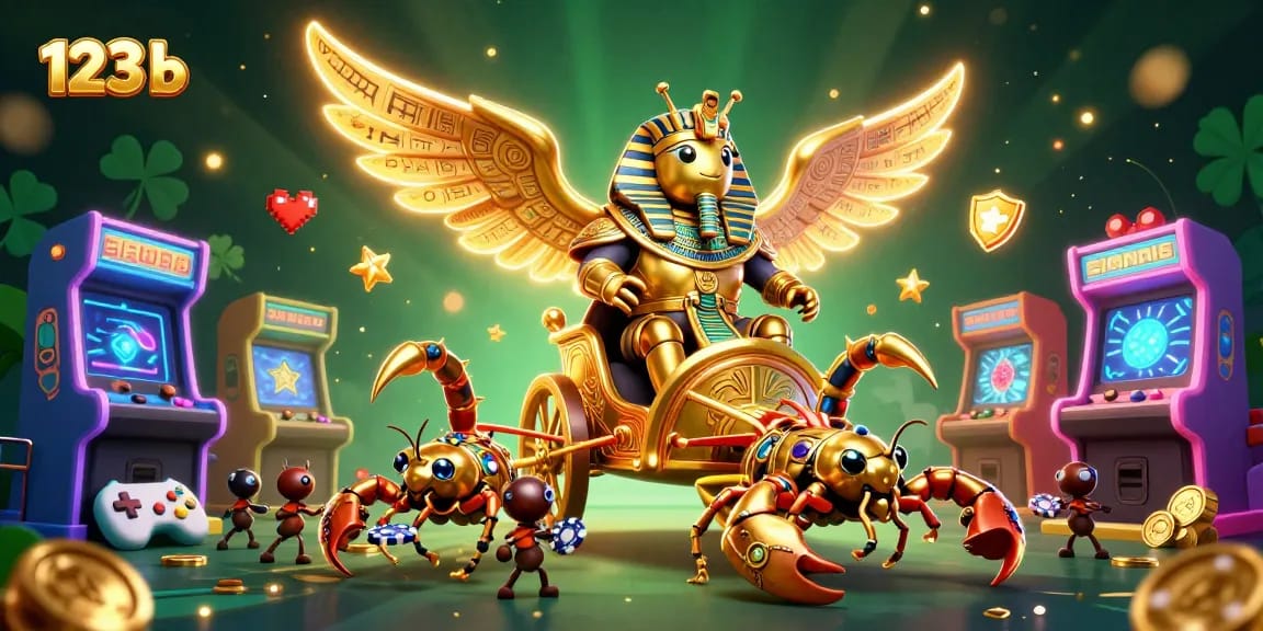 Play exciting games with 123 b featuring a golden beetle in a casino chariot.
