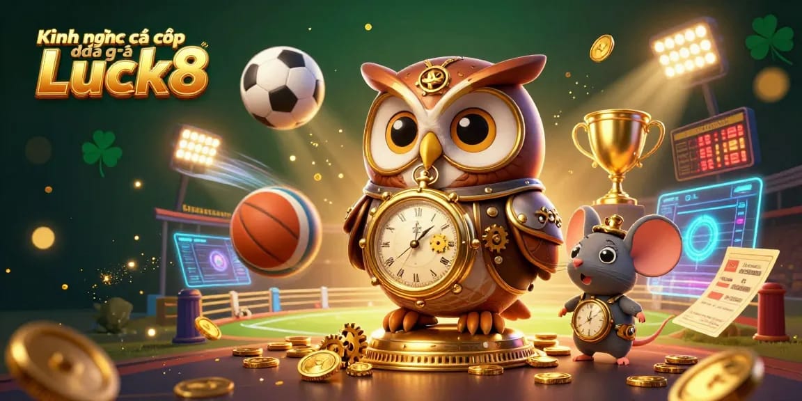 Kinh nghiệm cá cược đá gà Luck8 illustrated with a dynamic steampunk owl and mouse amidst a vibrant cockfighting arena.