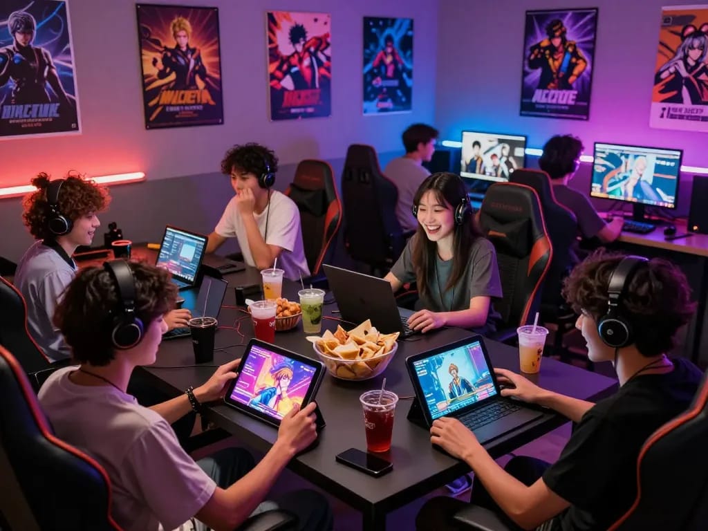 Friends enjoying porn ganes in a vibrant gaming lounge with tablets and laptops.