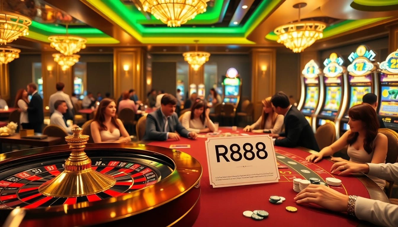 Players engaging in high-stakes gambling at luxurious tables with RR888 betting slips in a vibrant casino.