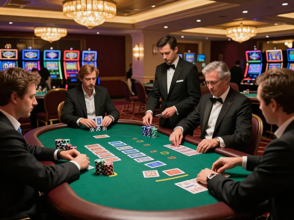 90P players enjoy a thrilling blackjack game at a luxurious casino with vibrant decor and engaged action.