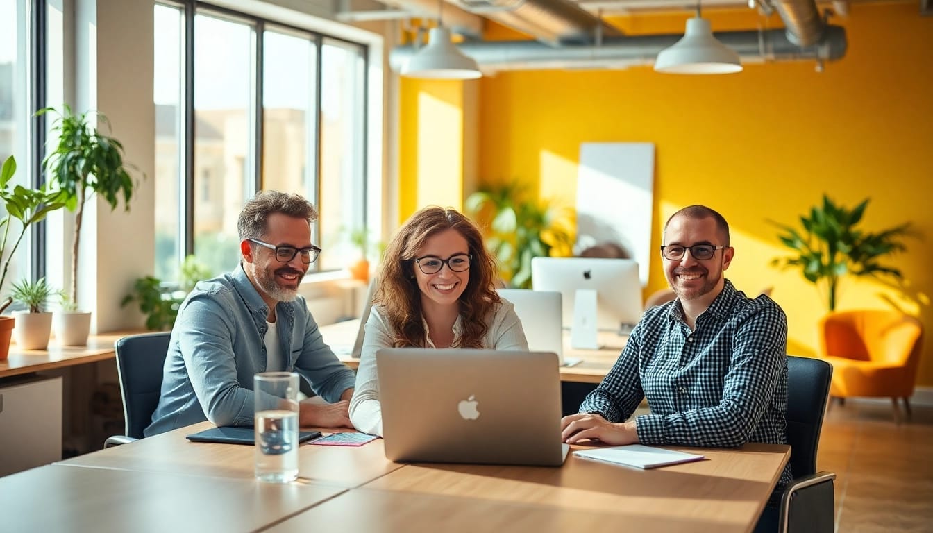 Stellenangebote in einem modernen Büro mit Mitarbeitern in Zusammenarbeit und positiver Stimmung.