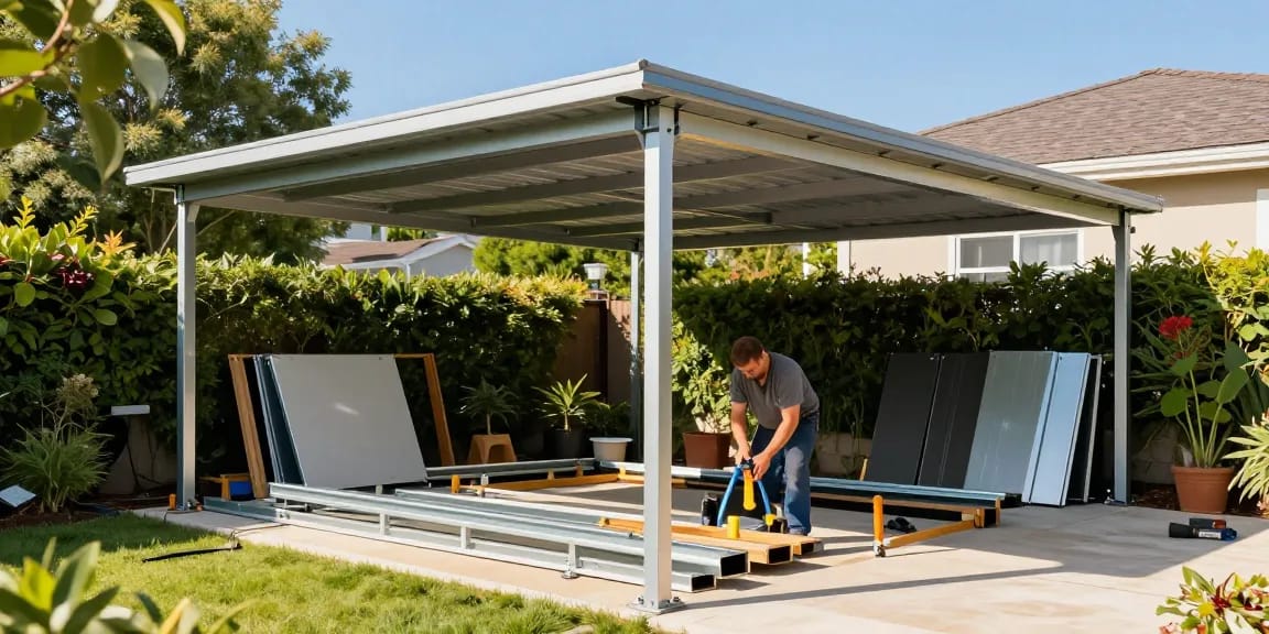 Carport-Installation im Garten mit verschiedenen Baumaterialien und Handwerkern.