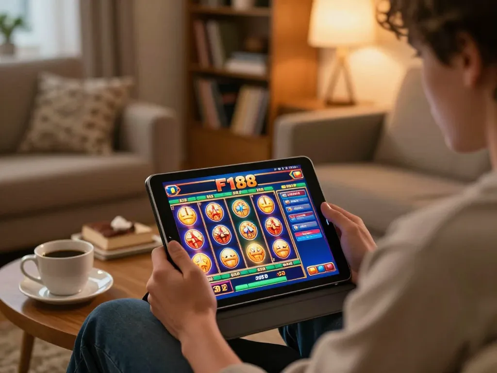 Person engaging with F168 slots interface on a tablet in a cozy home setting, emphasizing online gaming strategy.