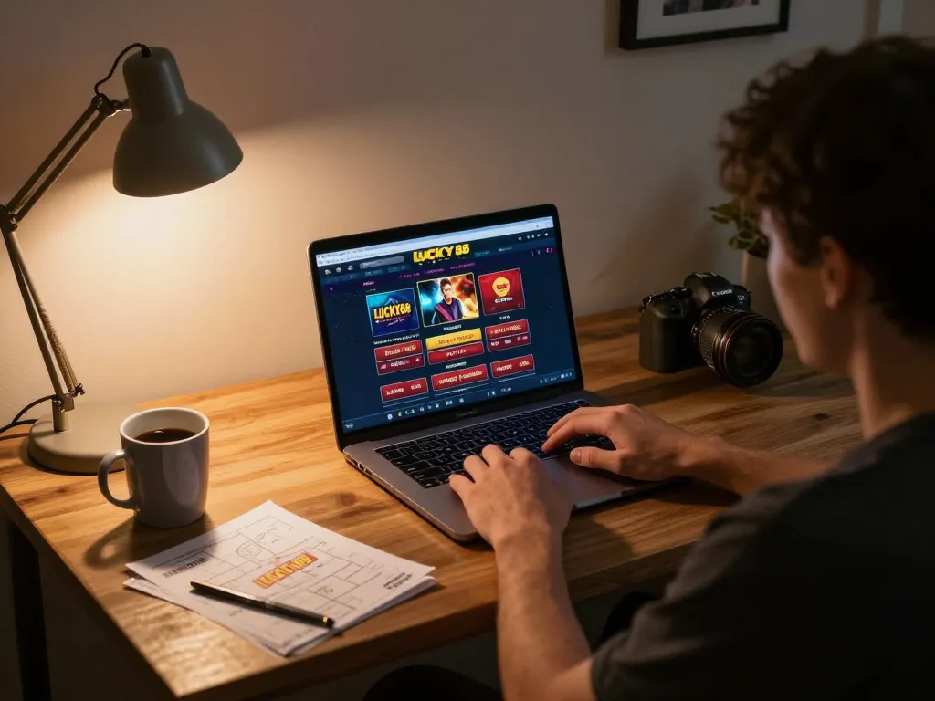 Engaging online gaming setup with LUCKY88 interface, showcasing responsible gambling atmosphere.