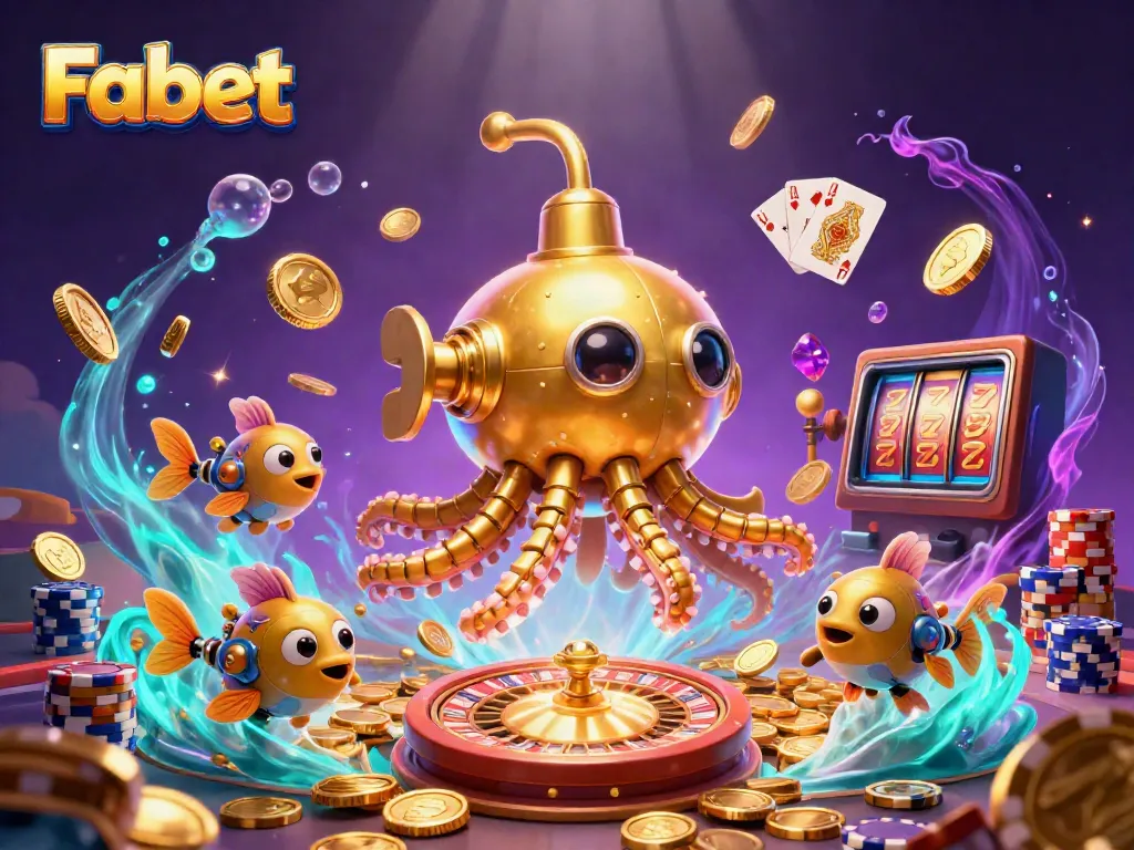 Fabet's underwater casino adventure shows a kraken submarine surrounded by golden coins and stacked poker chips.