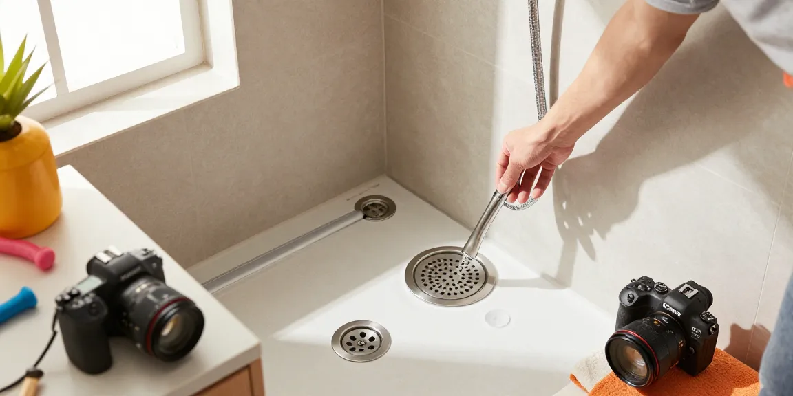 Een persoon installeert een elegante douchegoot in een stijlvolle badkamer die moderne afvoeroplossingen toont.