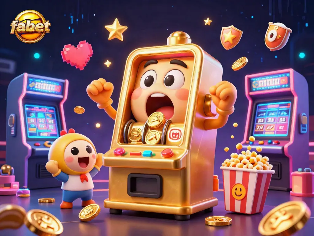 Experience excitement with fabet's captivating golden slot machine hitting the jackpot amid cheering baby machines and dynamic arcade elements.