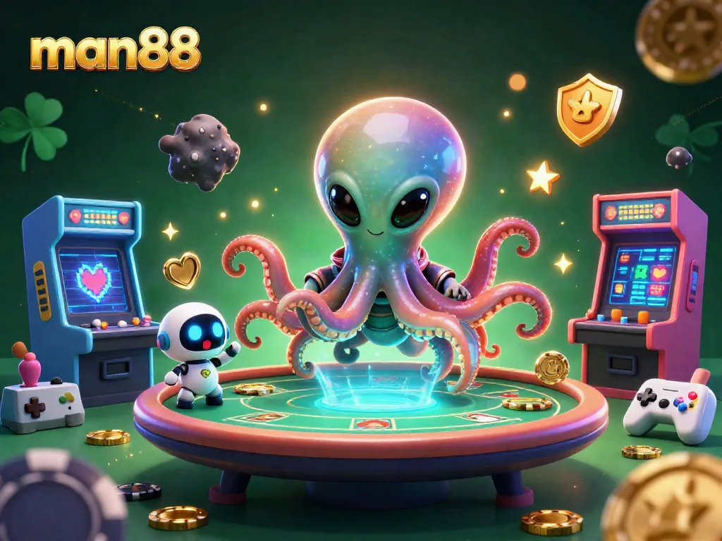 Experience thrilling gaming at man88 with a vibrant alien octopus at a holographic poker table surrounded by colorful casino elements.