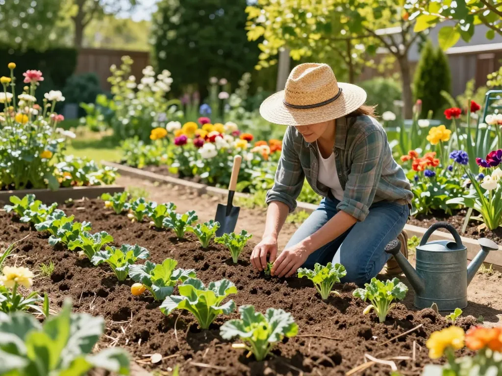 Hands planting porree jungpflanzen in a sunny garden filled with vibrant flowers and greenery.