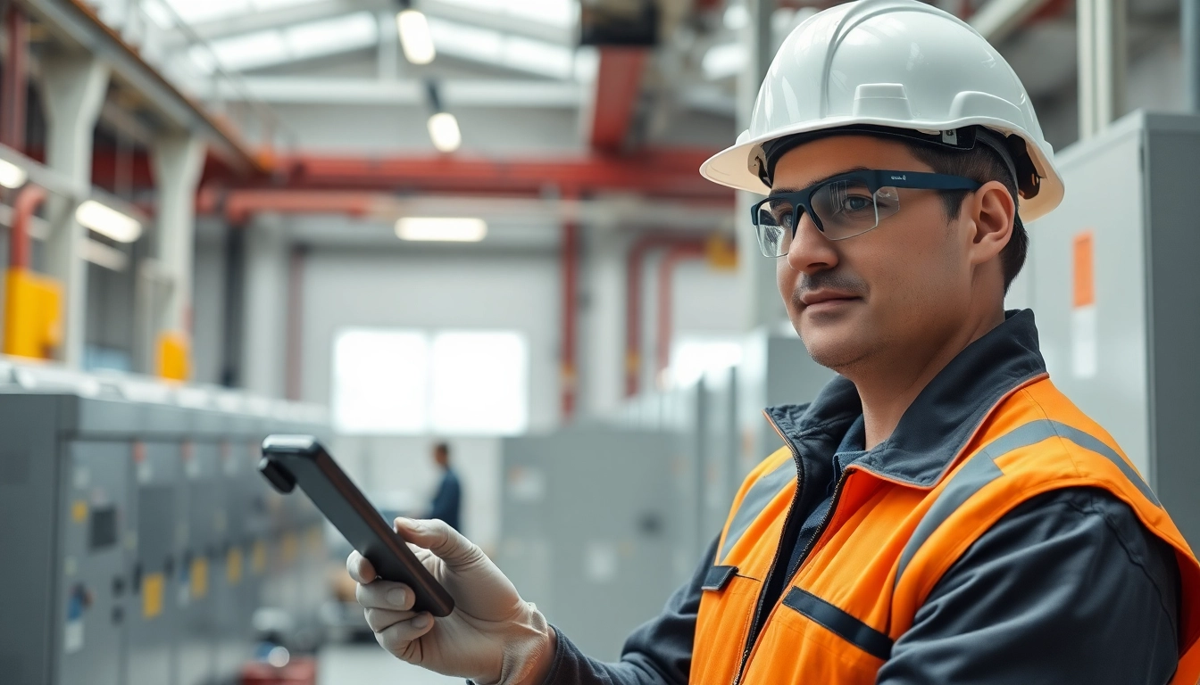 Technician conducting a DGUV V3 Prüfung while ensuring electrical safety compliance in a well-lit industrial environment.
