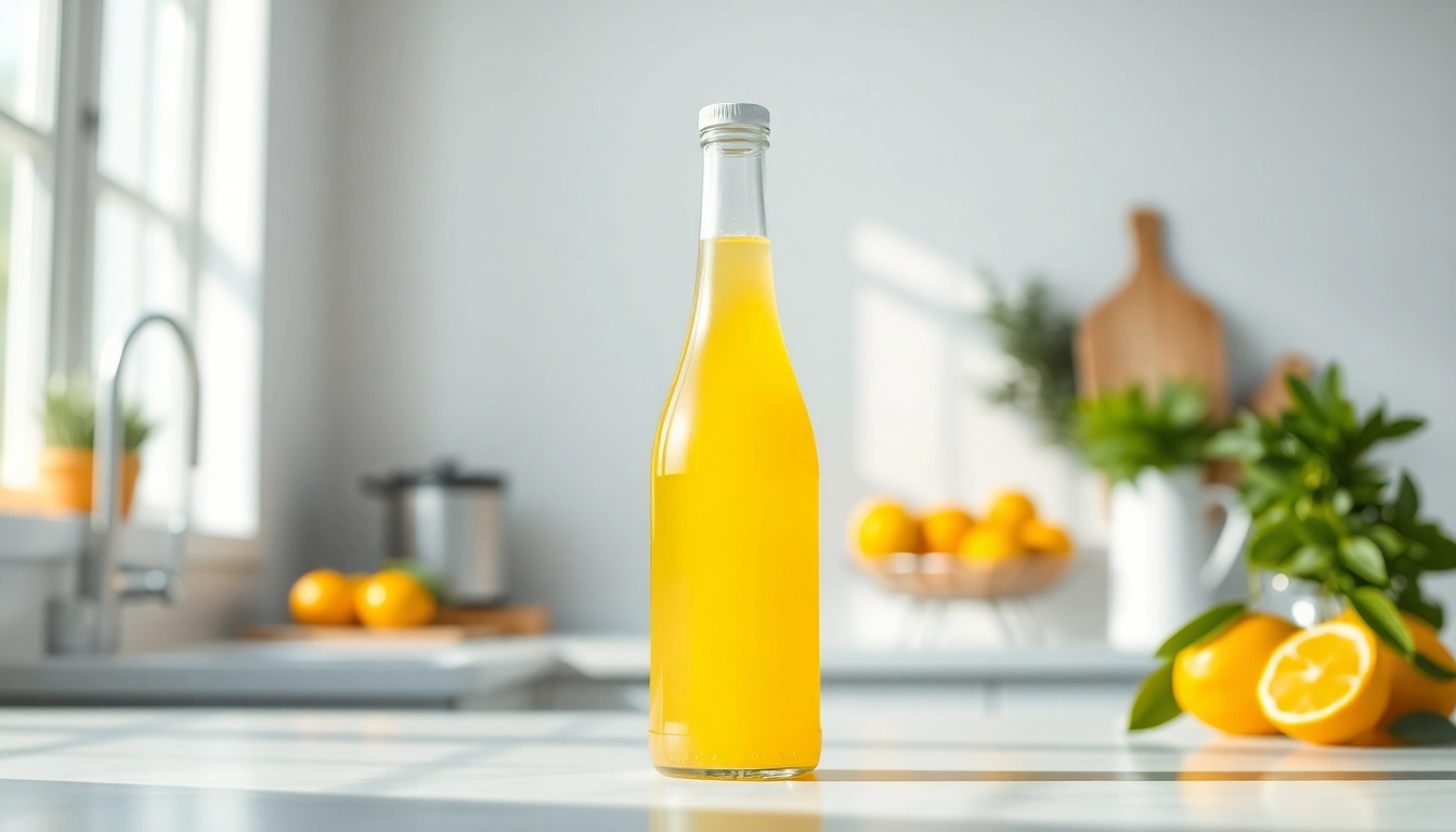 Lemonbottle auf einem hellen Küchentisch mit frischen Früchten und Kräutern präsentiert.