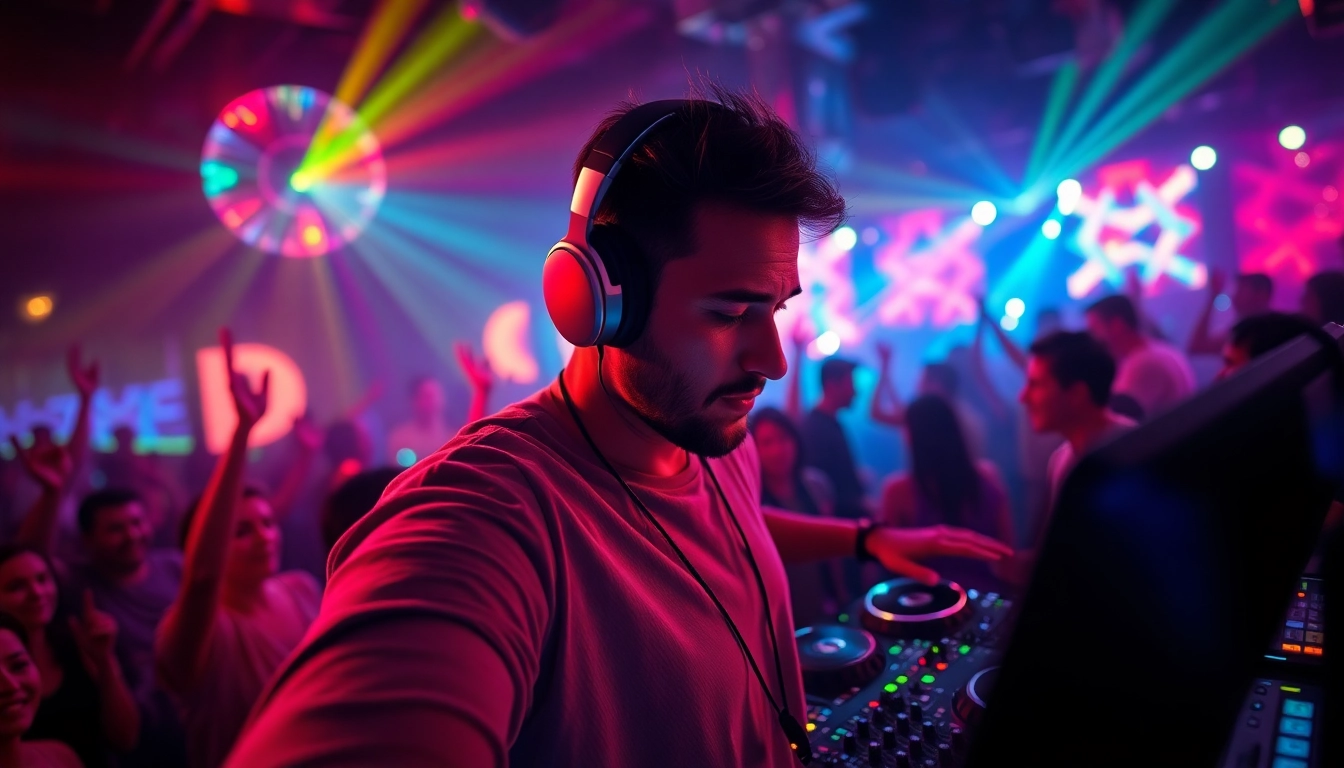 DJ in München begeistert die Menge mit seiner energiegeladenen Performance in einem pulsierenden Nachtclub.