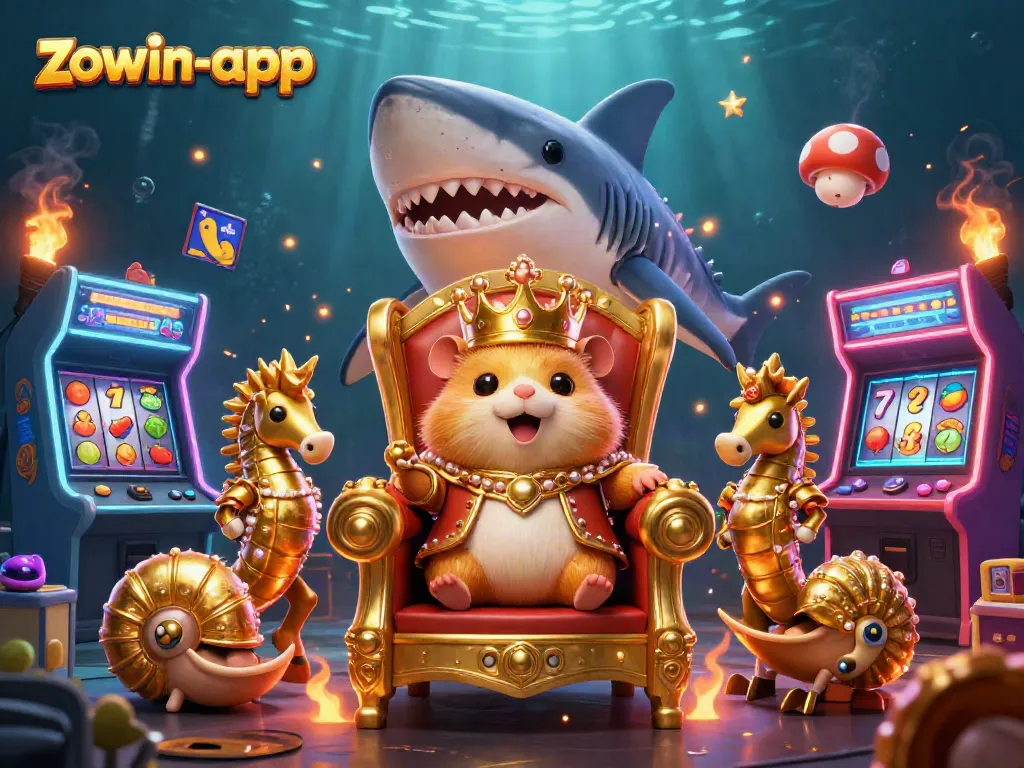 Experience thrilling gaming with the zowin-app featuring a golden hamster king and slot elements.