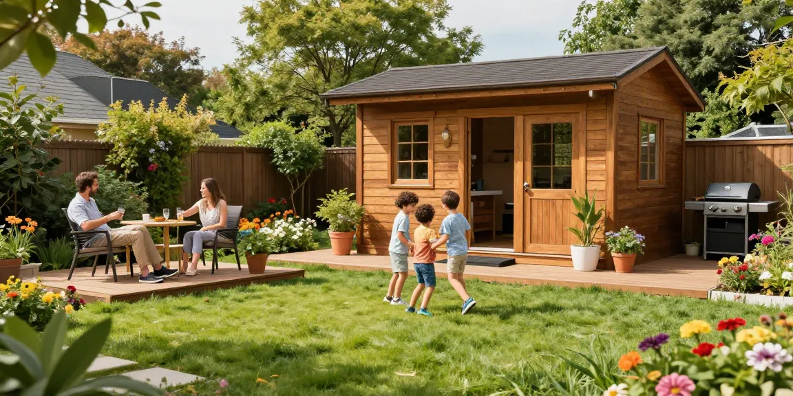 Gartenhaus kaufen für die ganze Familie - Kinder spielen vor dem neuen Gartenhaus, während Eltern entspannen.