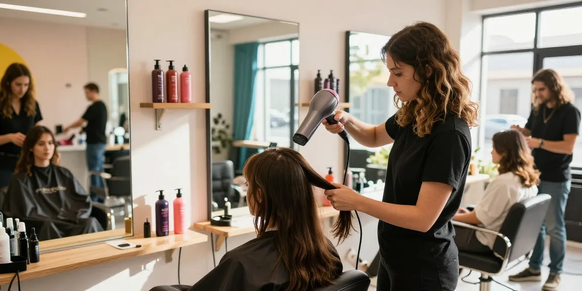 Hairstylist using a mini hair dryer on a client in a vibrant salon.