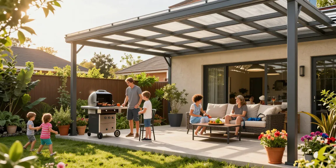 Terrassenüberdachung im Garten mit Familie, die einen sonnigen Tag genießt.